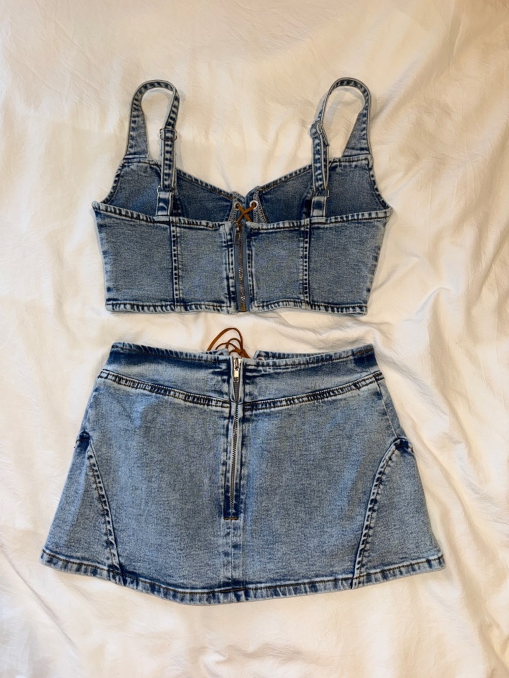 Edikted Light Blue Denim Lace-Up Crop Top & Skirt Set - Picture 2 of 2
